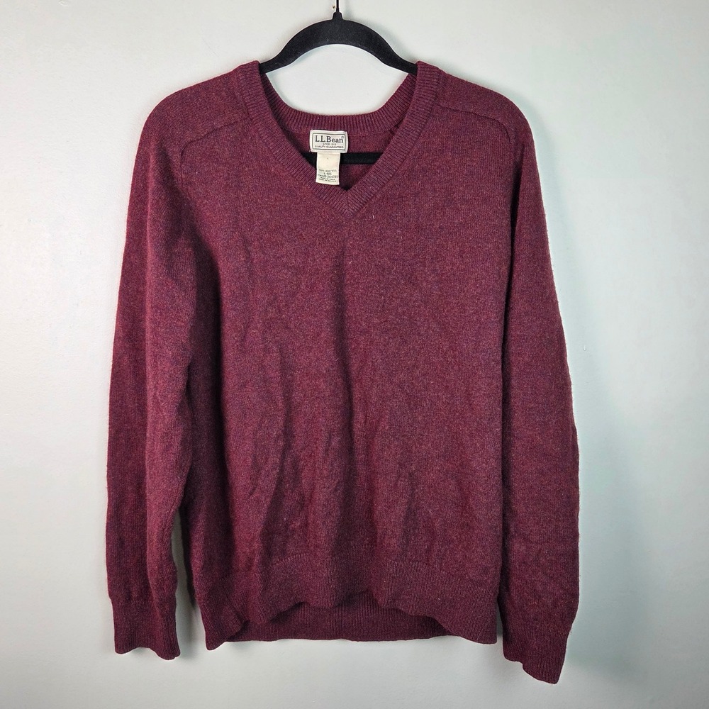 LL Bean V-Neck Sweater Mens Large Burgundy Excellent Lambswool Knit 264789